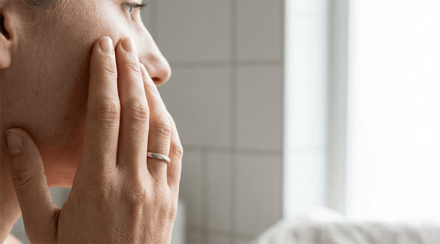 Frau im Badezimmer hält Hand an die Wange und schaut nachdenklich