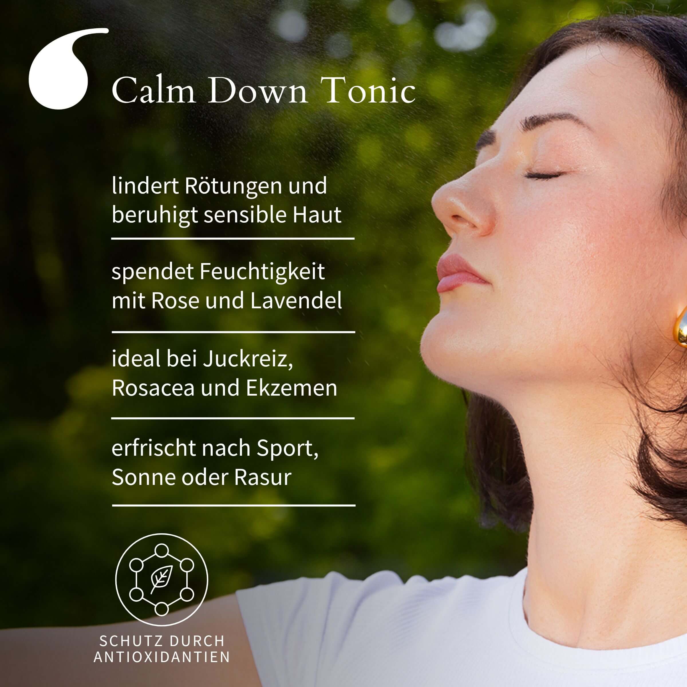 Junge Frau sprüht Gesicht ein – Calm Down Tonic lindert Rötungen und beruhigt sensible Haut. Ideal bei Rosacea und Juckreiz
