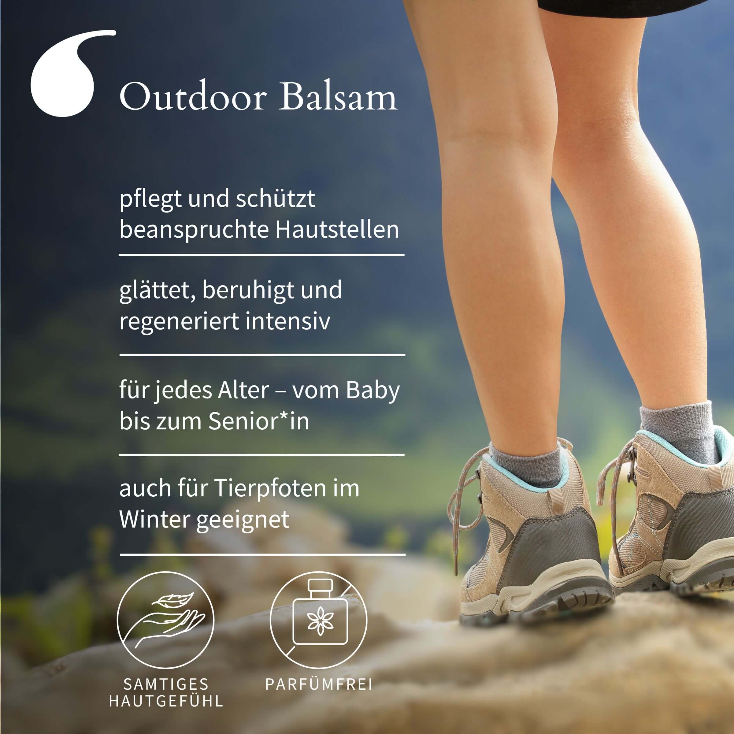 Beine von Wandererin – Outdoor Balsam schützt und regeneriert beanspruchte Hautstellen. Für jedes Alter und auch für Tierpfoten.