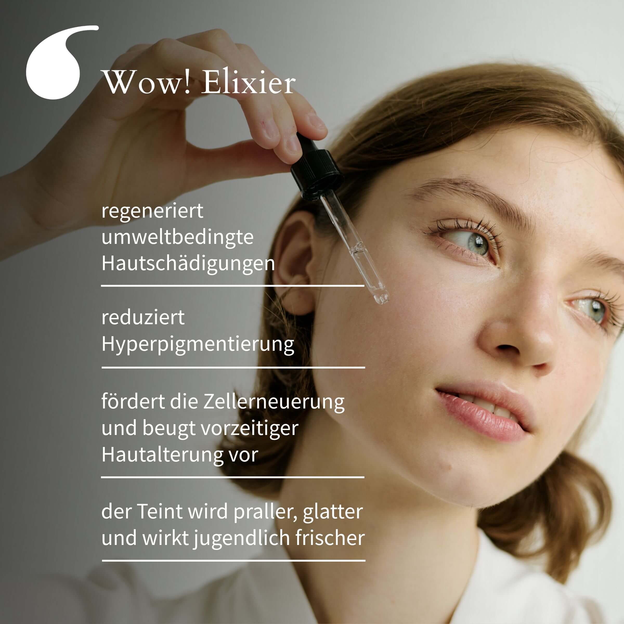 Junge Frau trägt eine Pipette vom Wow! Elixier auf Wange auf