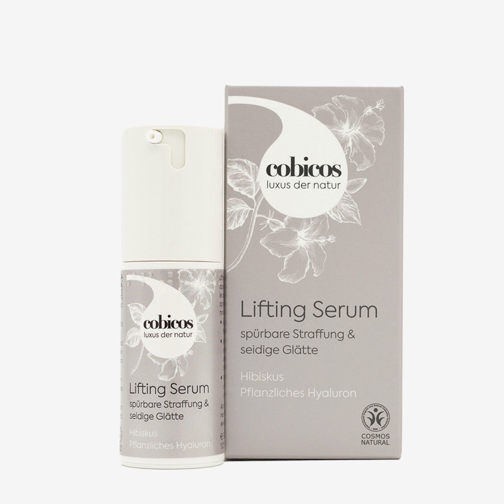 cobicos Lifting Serum im 30 ml Airless-Spender im FSC zertifiziertem silbernen Umkarton für mehr Spannkraft der Haut und verzögerte Hautalterung