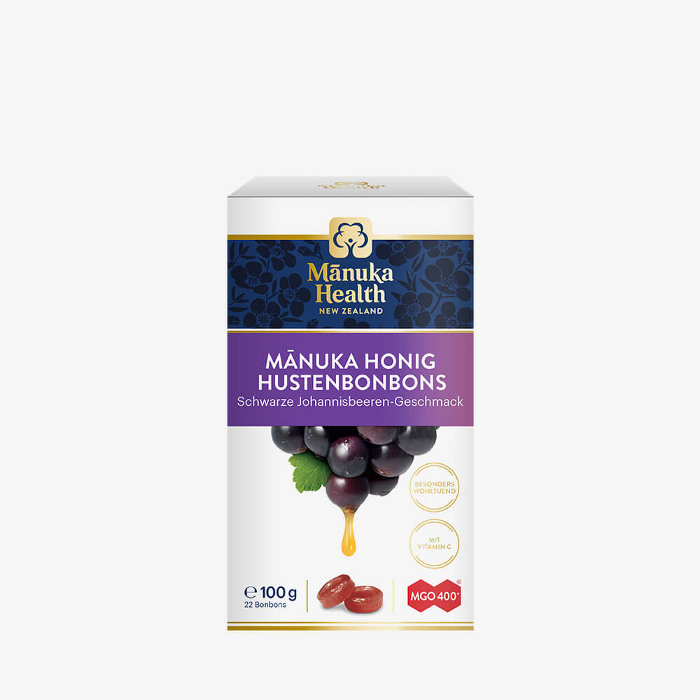 Manuka Health Hustenbonbons mit Schwarze-Johannisbeere-Zitrone Geschmack MGO 400, Inhalt 22 Bonbons